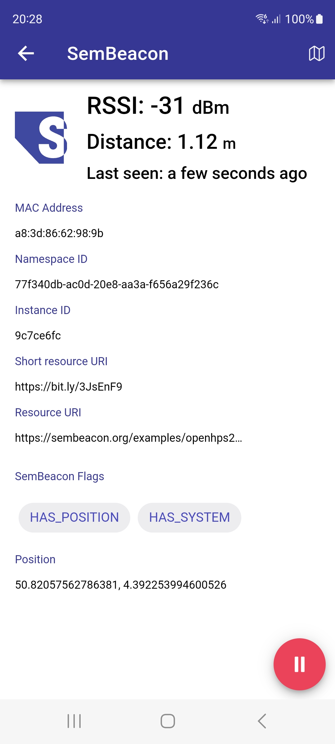 Screenshot for SemBeacon android app showing details of detected SemBeacon
